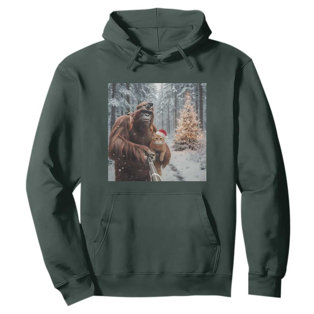 Funny Bigfoot With Cat Selfie Christmas Hoodie TS14 Dark Forest Green Print Your Wear