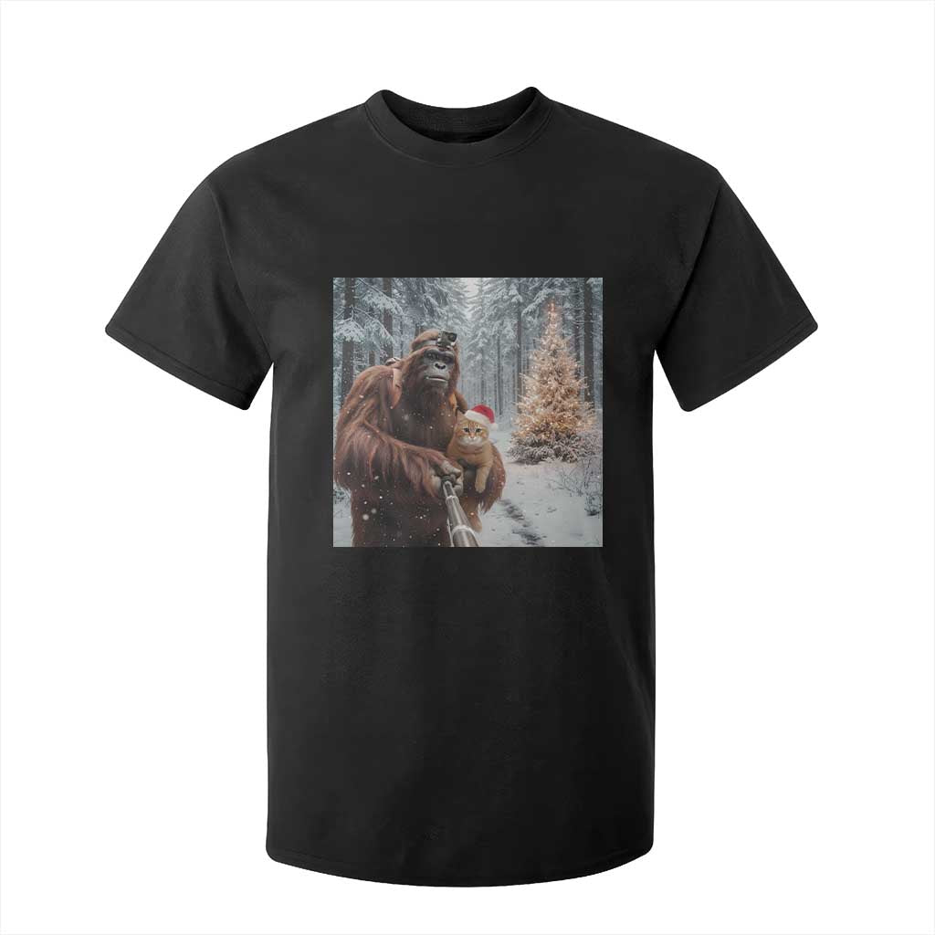 Funny Bigfoot With Cat Selfie Christmas T Shirt For Kid TS14 Black Print Your Wear