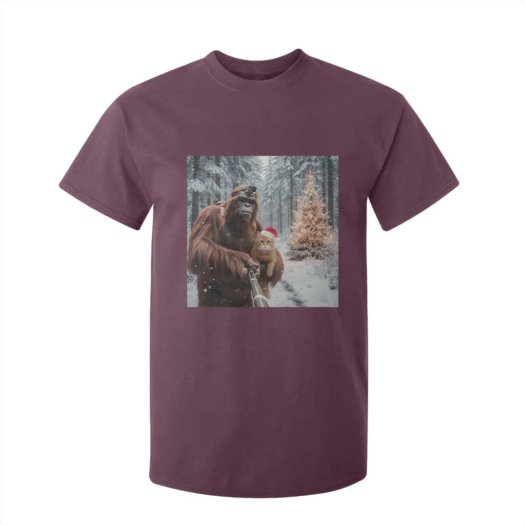 Funny Bigfoot With Cat Selfie Christmas T Shirt For Kid TS14 Maroon Print Your Wear