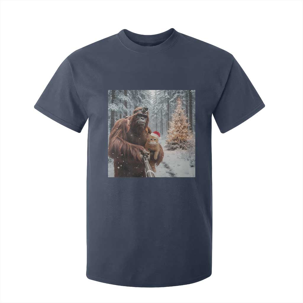 Funny Bigfoot With Cat Selfie Christmas T Shirt For Kid TS14 Navy Print Your Wear
