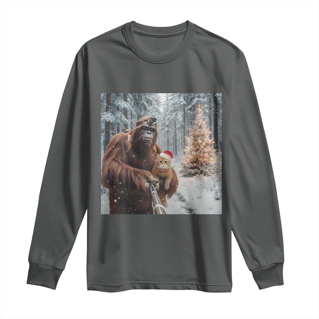 Funny Bigfoot With Cat Selfie Christmas Long Sleeve Shirt TS14 Dark Heather Print Your Wear