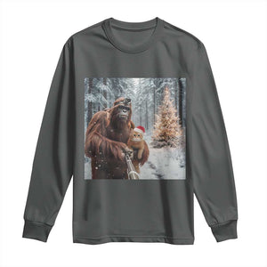 Funny Bigfoot With Cat Selfie Christmas Long Sleeve Shirt TS14 Dark Heather Print Your Wear