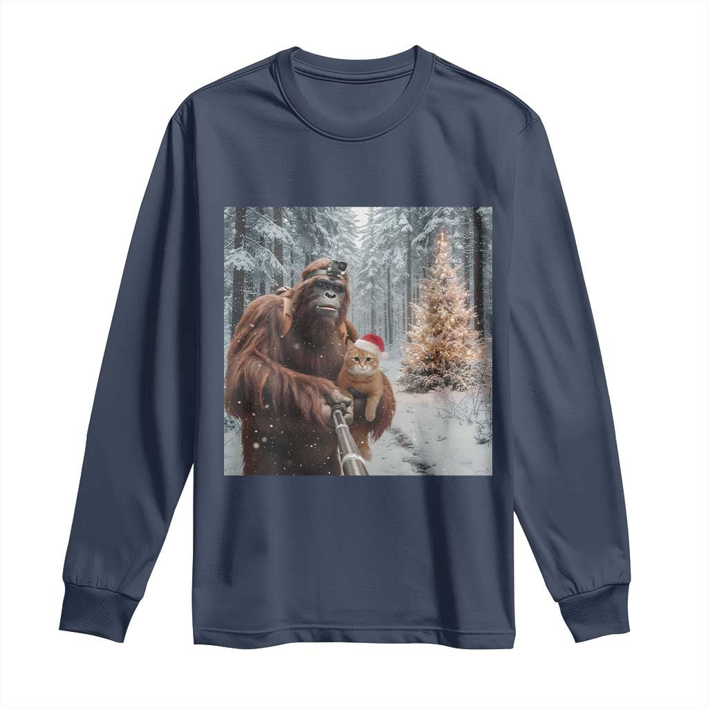 Funny Bigfoot With Cat Selfie Christmas Long Sleeve Shirt TS14 Navy Print Your Wear