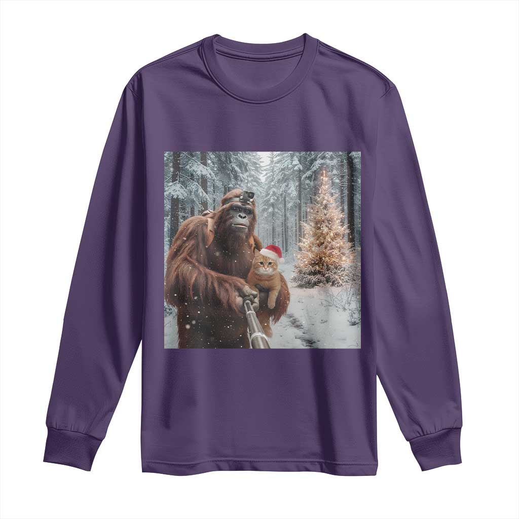 Funny Bigfoot With Cat Selfie Christmas Long Sleeve Shirt TS14 Purple Print Your Wear
