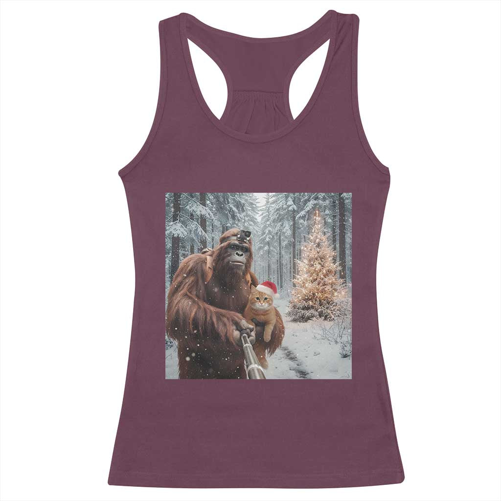Funny Bigfoot With Cat Selfie Christmas Racerback Tank Top TS14 Maroon Print Your Wear