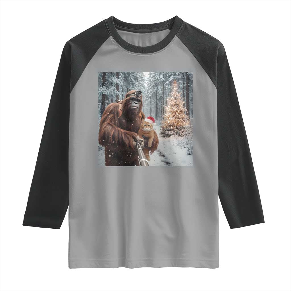 Funny Bigfoot With Cat Selfie Christmas Raglan Shirt TS14 Sport Gray Black Print Your Wear