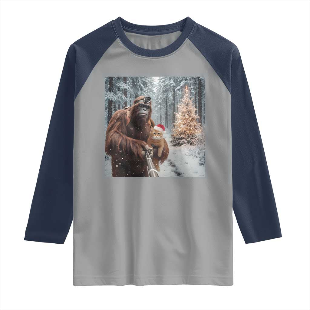 Funny Bigfoot With Cat Selfie Christmas Raglan Shirt TS14 Sport Gray Navy Print Your Wear