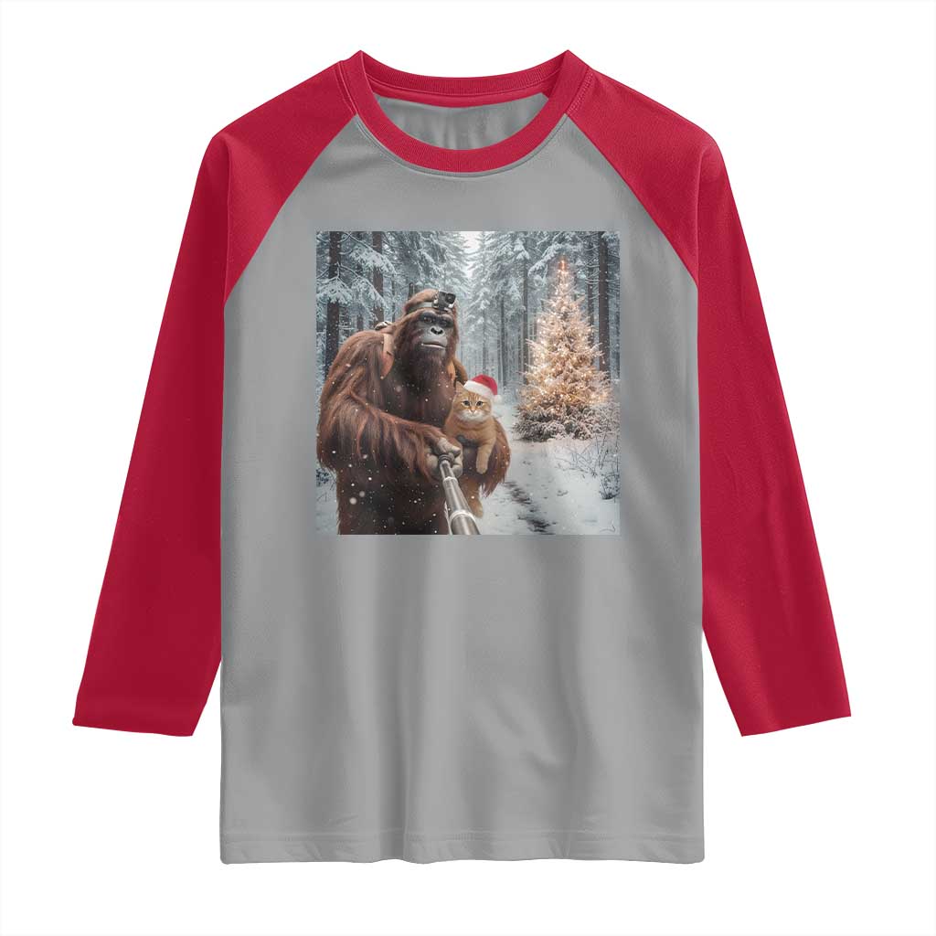 Funny Bigfoot With Cat Selfie Christmas Raglan Shirt TS14 Sport Gray Red Print Your Wear