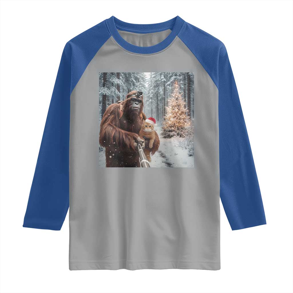 Funny Bigfoot With Cat Selfie Christmas Raglan Shirt TS14 Sport Gray Royal Print Your Wear