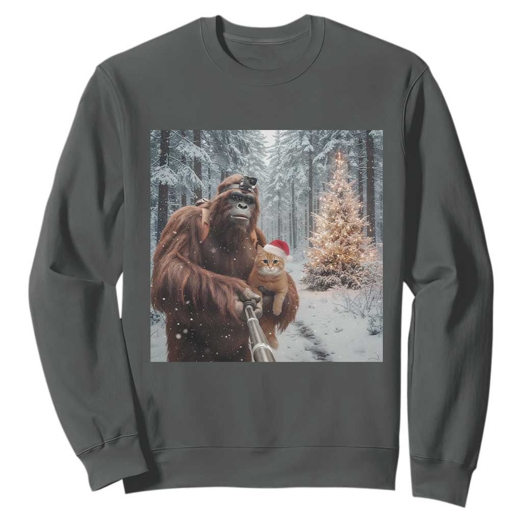 Funny Bigfoot With Cat Selfie Christmas Sweatshirt TS14 Dark Heather Print Your Wear