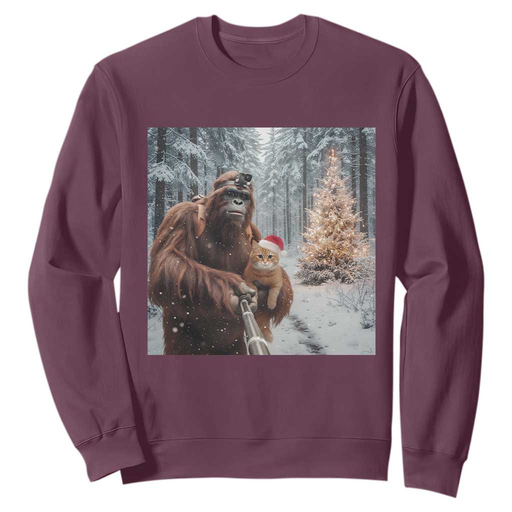 Funny Bigfoot With Cat Selfie Christmas Sweatshirt TS14 Maroon Print Your Wear