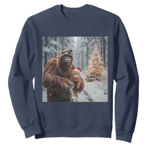 Funny Bigfoot With Cat Selfie Christmas Sweatshirt TS14 Navy Print Your Wear