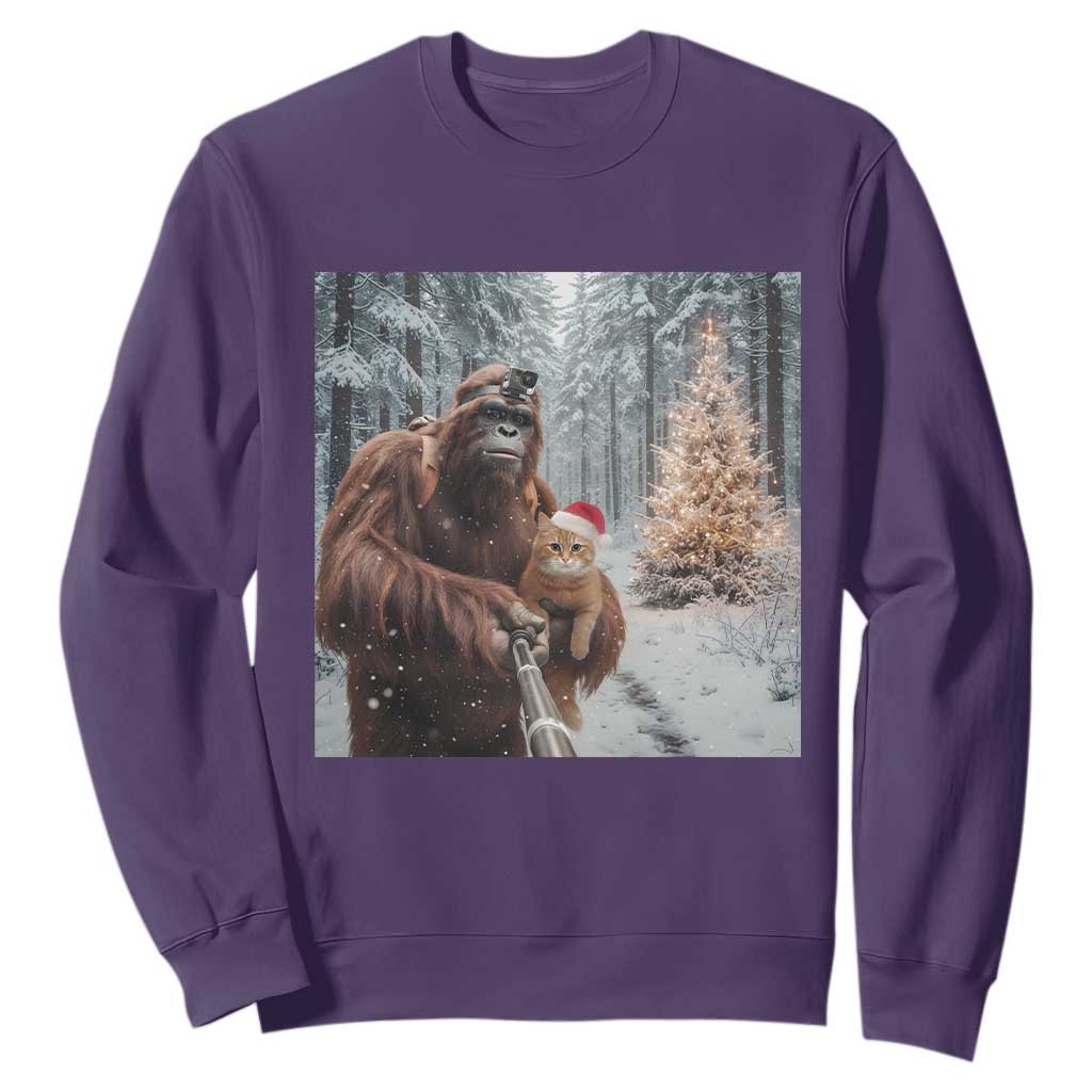 Funny Bigfoot With Cat Selfie Christmas Sweatshirt TS14 Purple Print Your Wear
