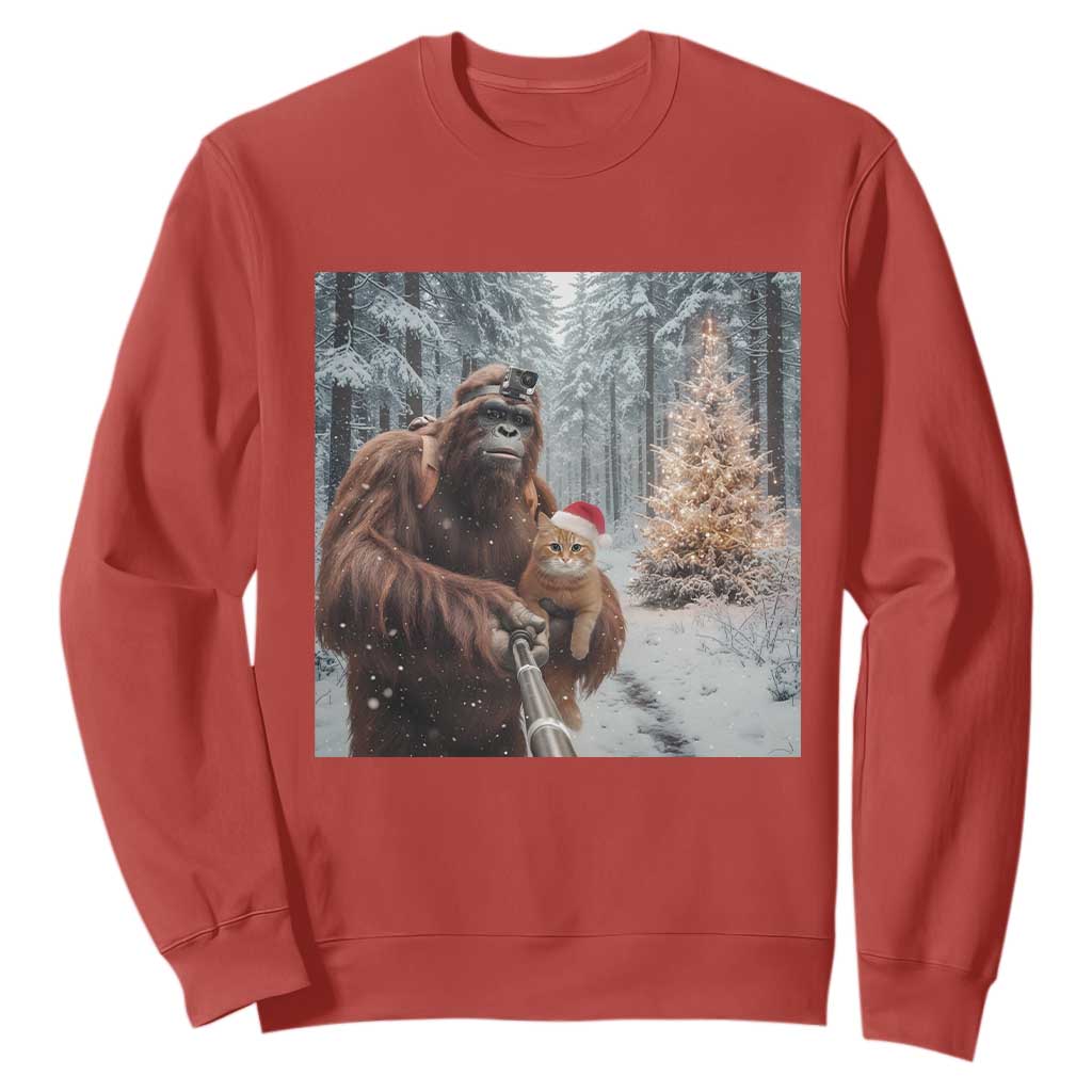 Funny Bigfoot With Cat Selfie Christmas Sweatshirt TS14 Red Print Your Wear