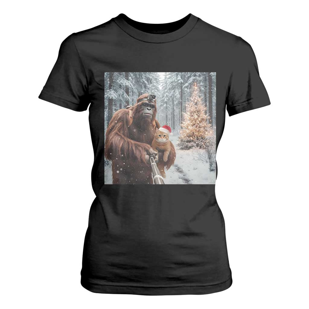 Funny Bigfoot With Cat Selfie Christmas T Shirt For Women TS14 Black Print Your Wear