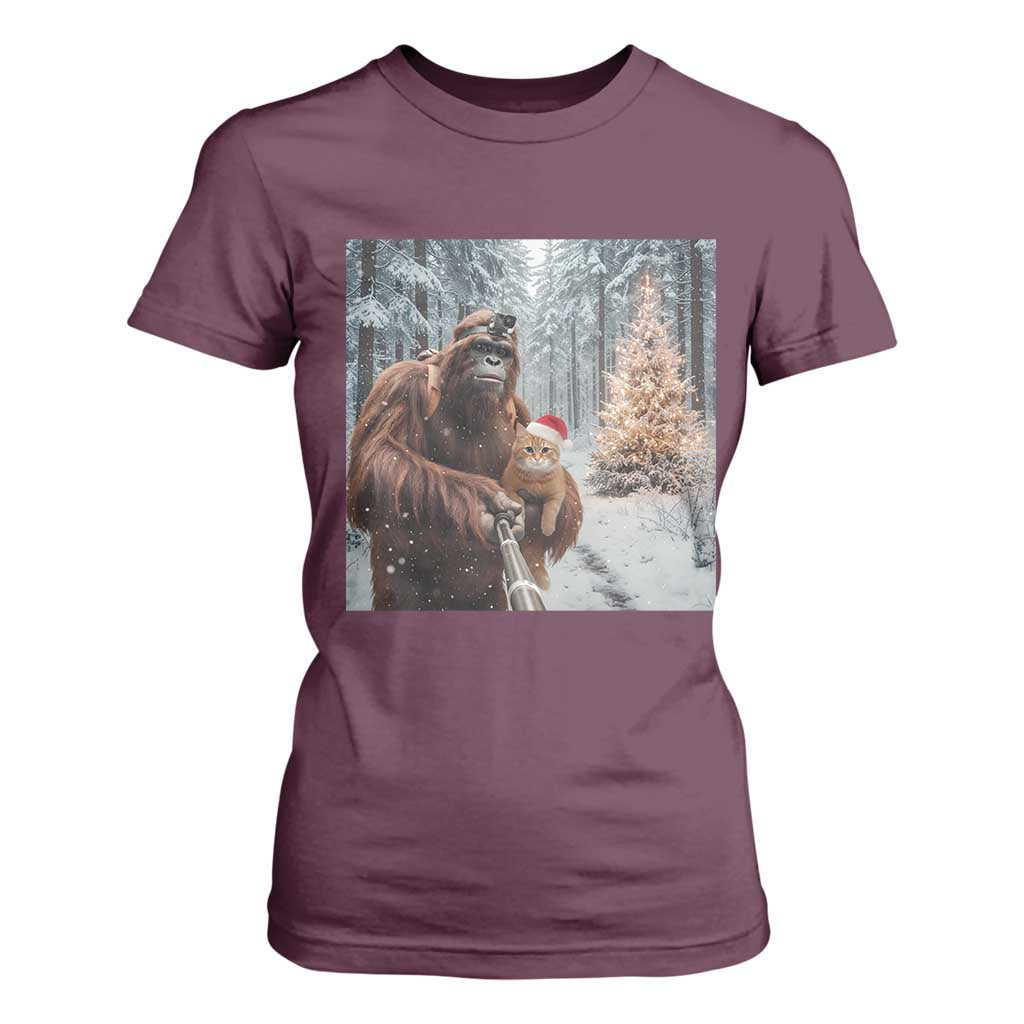 Funny Bigfoot With Cat Selfie Christmas T Shirt For Women TS14 Maroon Print Your Wear