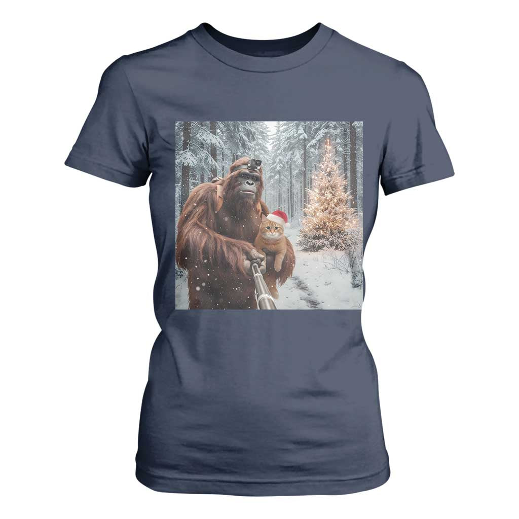 Funny Bigfoot With Cat Selfie Christmas T Shirt For Women TS14 Navy Print Your Wear