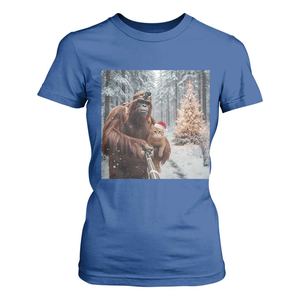 Funny Bigfoot With Cat Selfie Christmas T Shirt For Women TS14 Royal Blue Print Your Wear