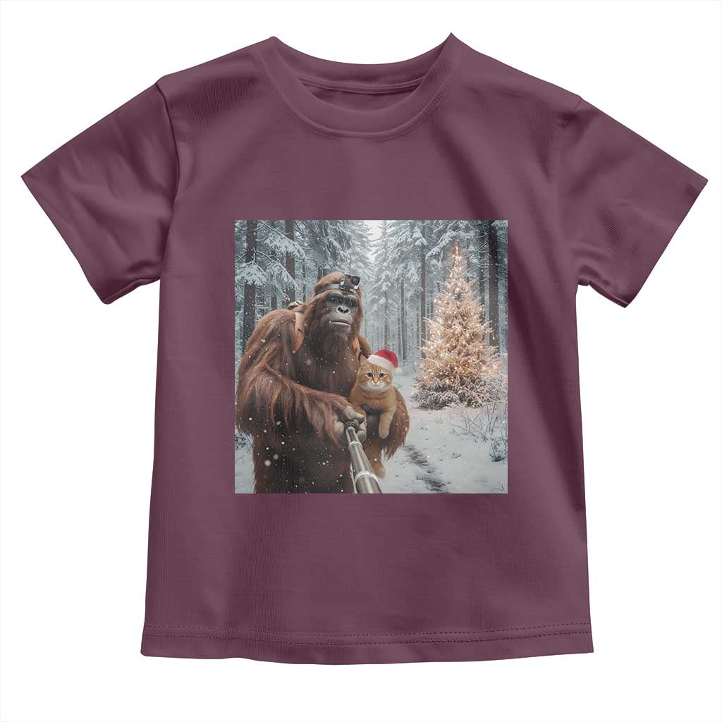 Funny Bigfoot With Cat Selfie Christmas Toddler T Shirt TS14 Maroon Print Your Wear
