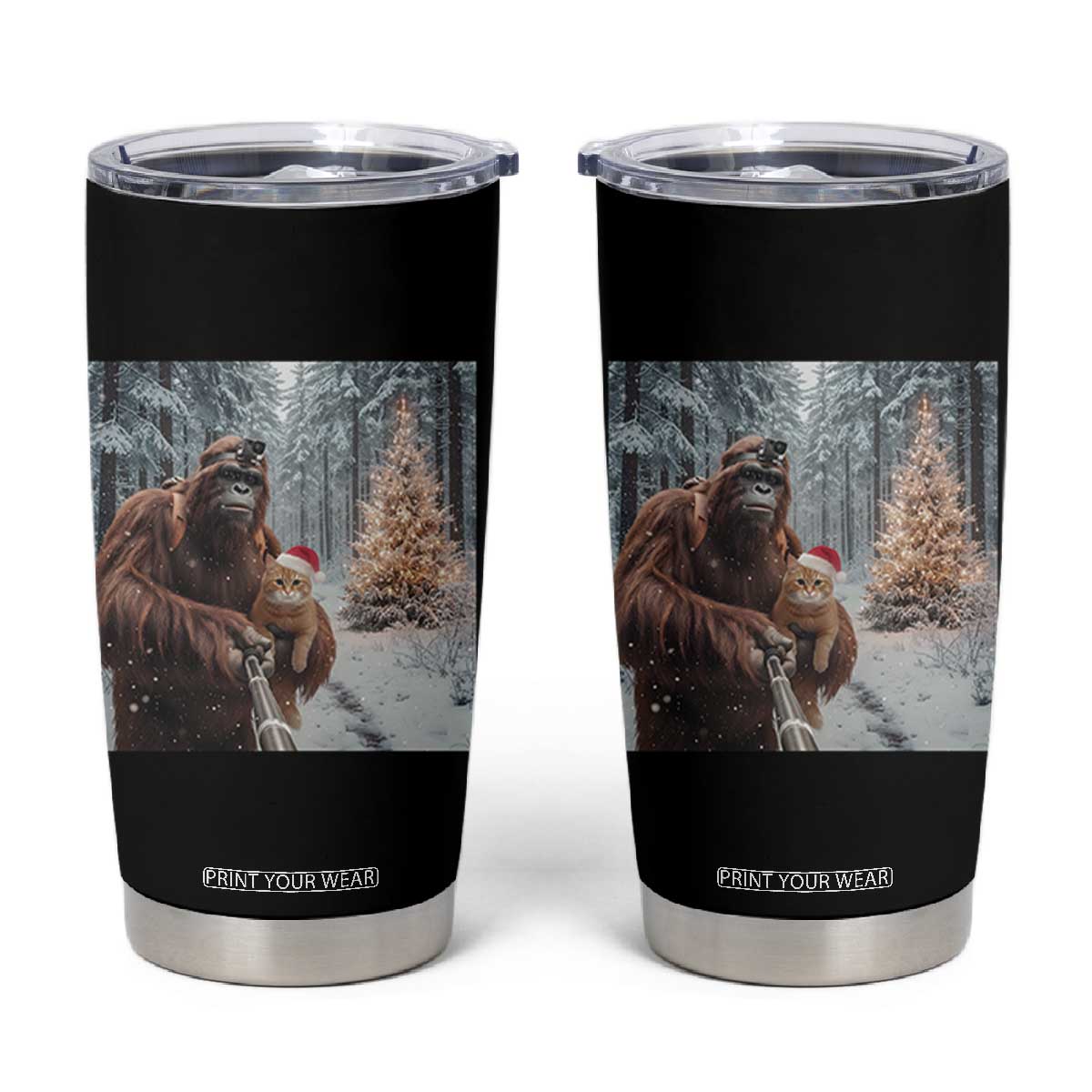 Funny Bigfoot With Cat Selfie Christmas Tumbler Cup TS14 Black Print Your Wear