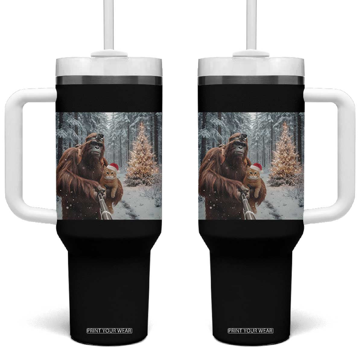 Funny Bigfoot With Cat Selfie Christmas Tumbler With Handle TS14 One Size: 40 oz Black Print Your Wear