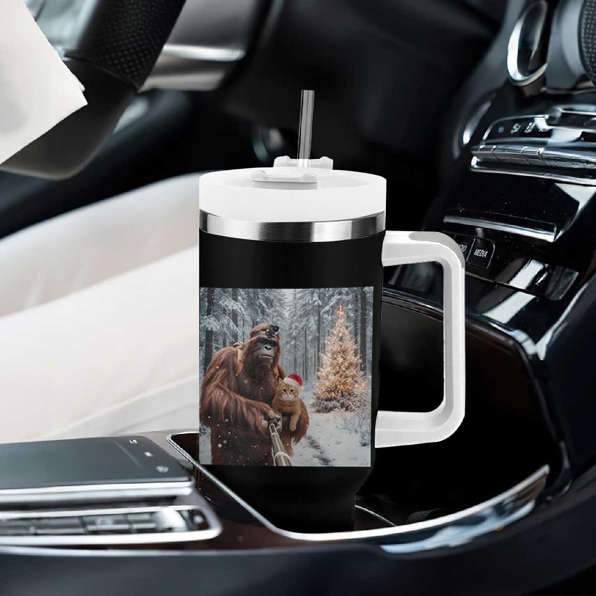 Funny Bigfoot With Cat Selfie Christmas Tumbler With Handle TS14 Print Your Wear