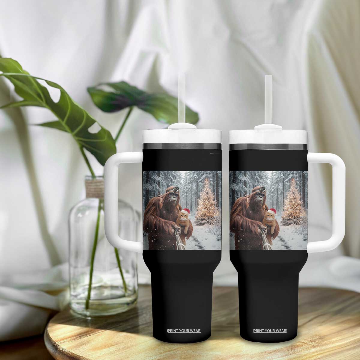 Funny Bigfoot With Cat Selfie Christmas Tumbler With Handle TS14 Print Your Wear