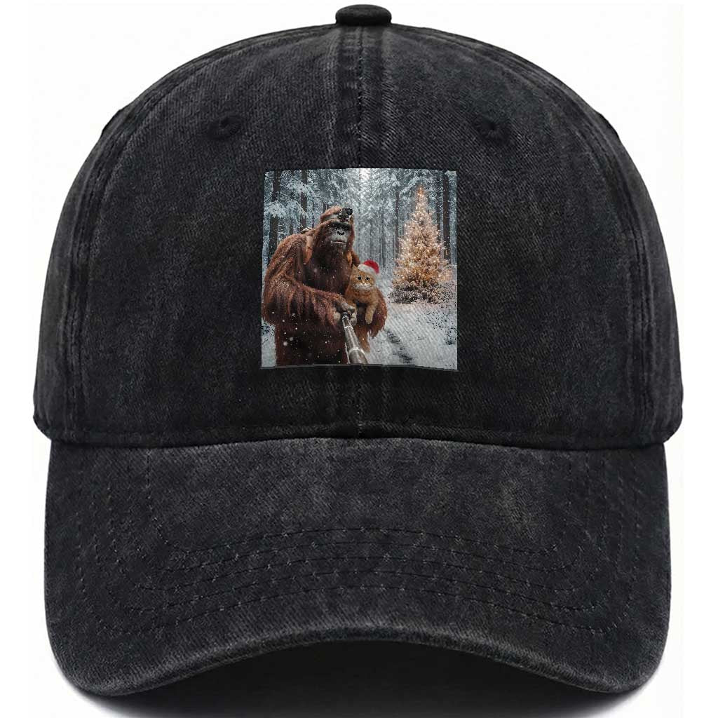 Funny Bigfoot With Cat Selfie Christmas Washed Cotton Baseball Cap TS14 Washed Cap Universal Fit Black Print Your Wear