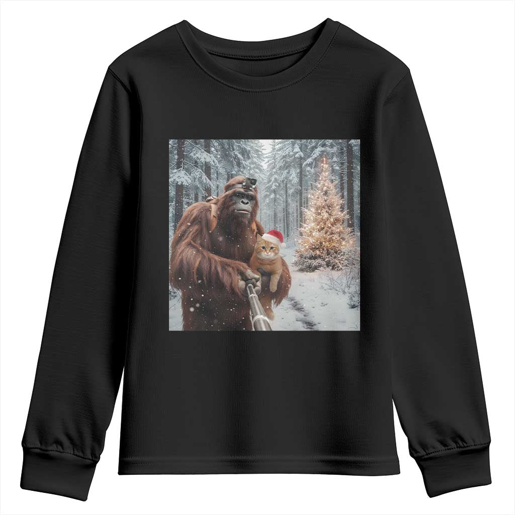 Funny Bigfoot With Cat Selfie Christmas Youth Sweatshirt TS14 Black Print Your Wear