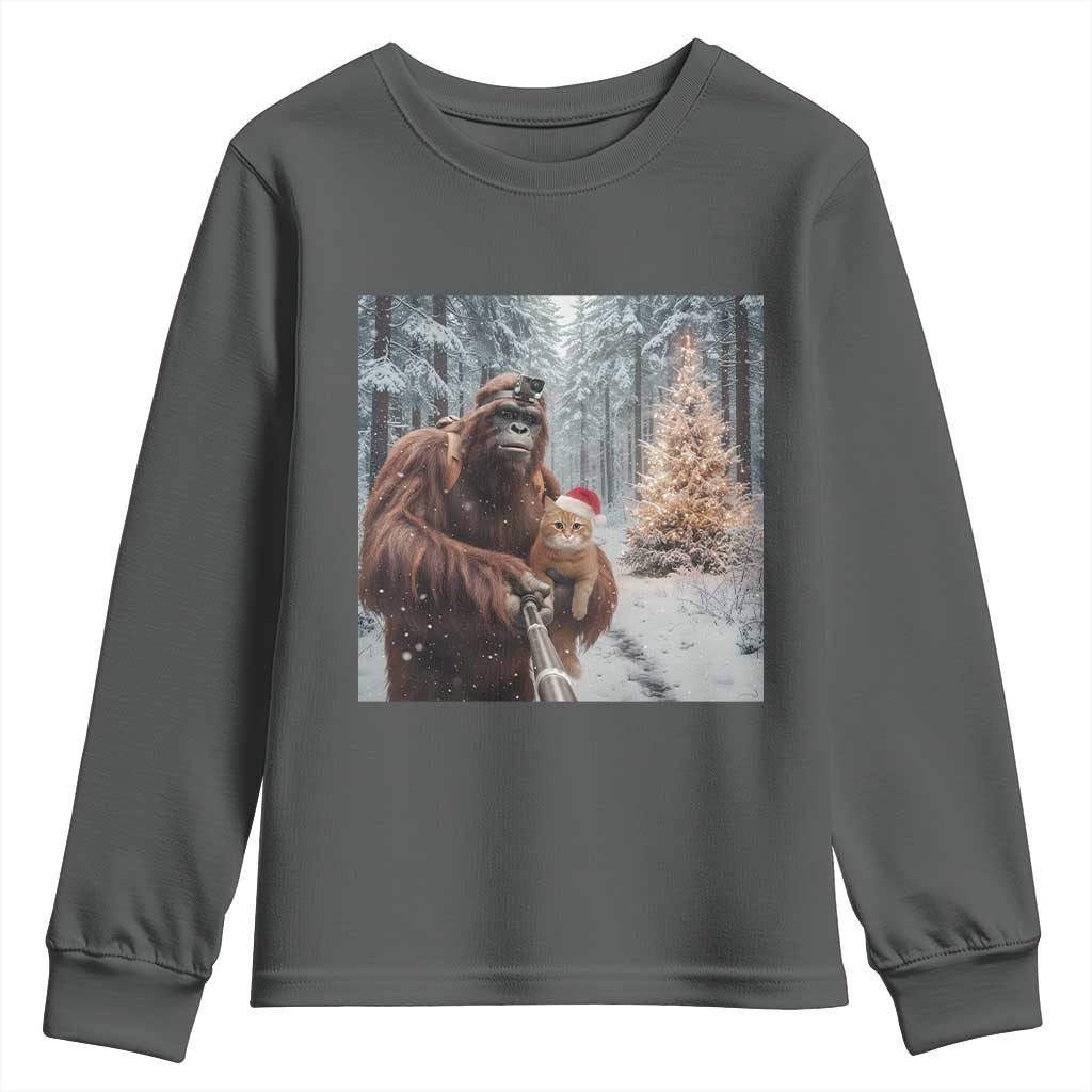 Funny Bigfoot With Cat Selfie Christmas Youth Sweatshirt TS14 Dark Heather Print Your Wear
