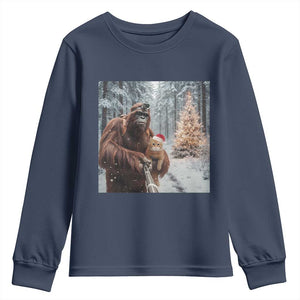 Funny Bigfoot With Cat Selfie Christmas Youth Sweatshirt TS14 Navy Print Your Wear