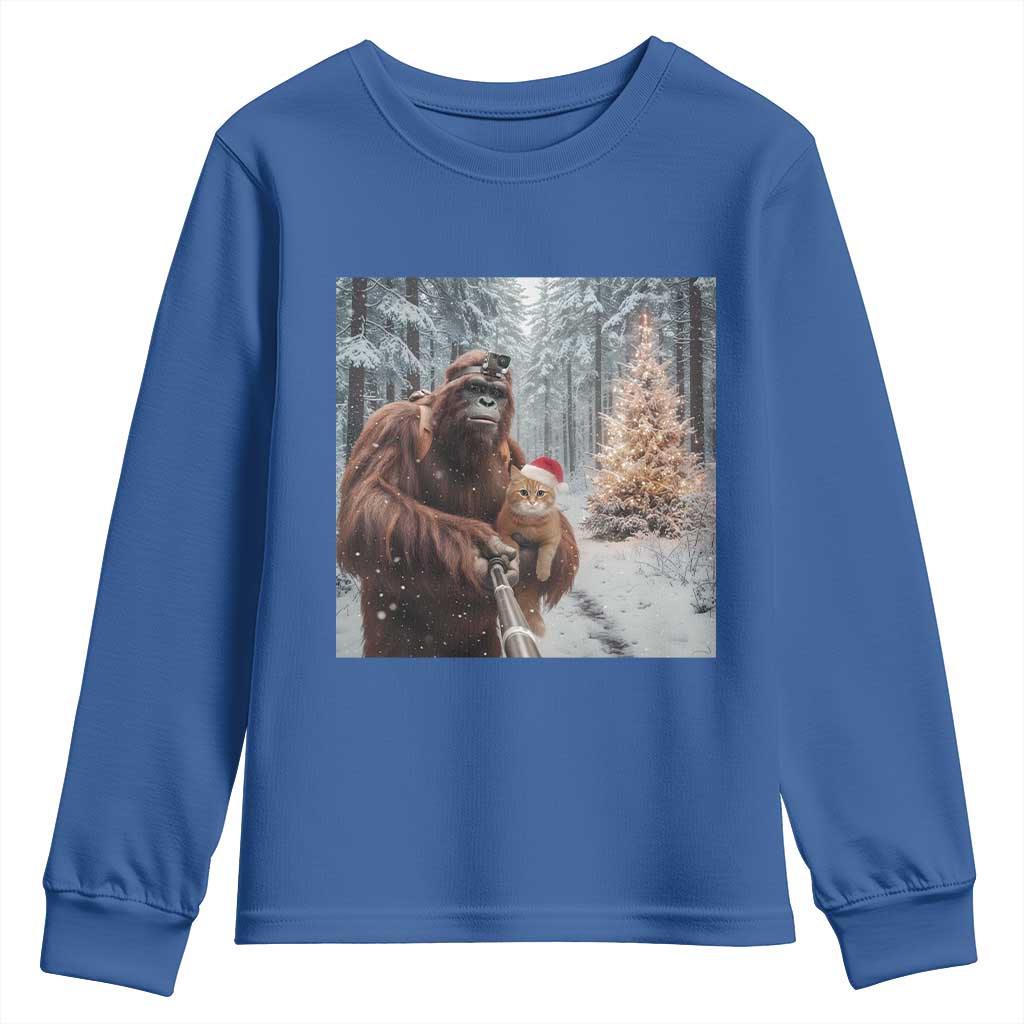 Funny Bigfoot With Cat Selfie Christmas Youth Sweatshirt TS14 Royal Blue Print Your Wear