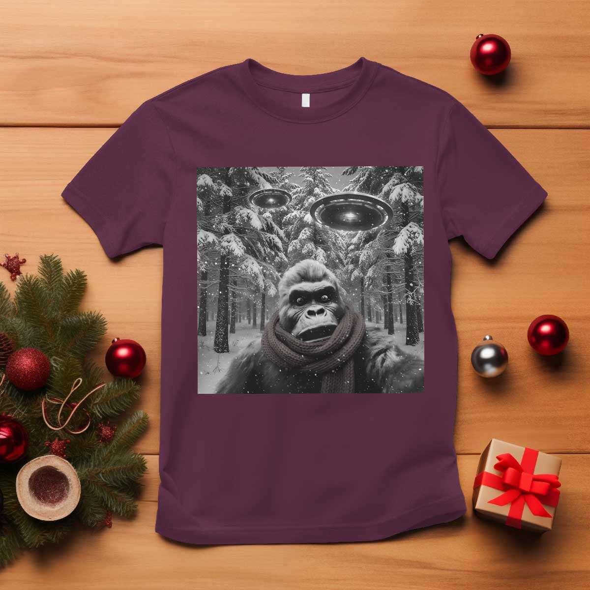 Funny Bigfoot Selfie T Shirt Sasquatch Alien UFO Christmas TS14 Maroon Print Your Wear