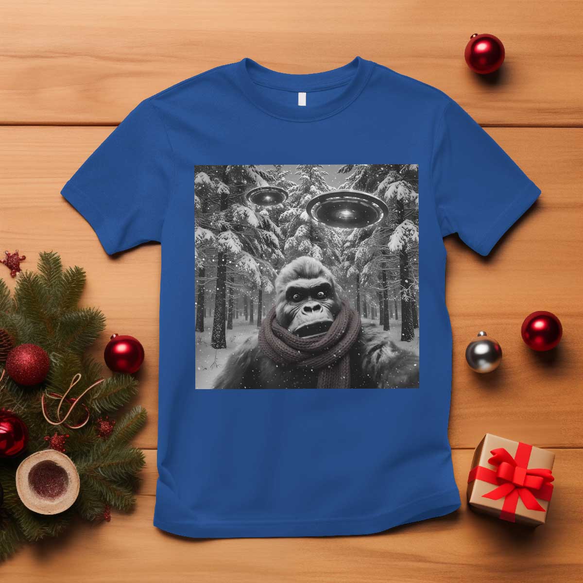 Funny Bigfoot Selfie T Shirt Sasquatch Alien UFO Christmas TS14 Royal Blue Print Your Wear