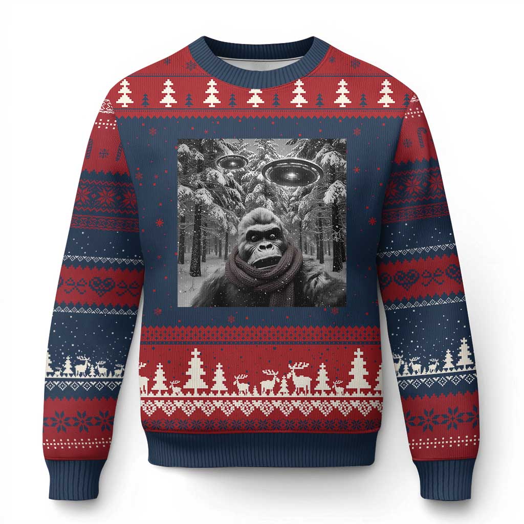 Funny Bigfoot Selfie Ugly Christmas Sweater Sasquatch Alien UFO Xmas TS14 Navy Red Print Your Wear