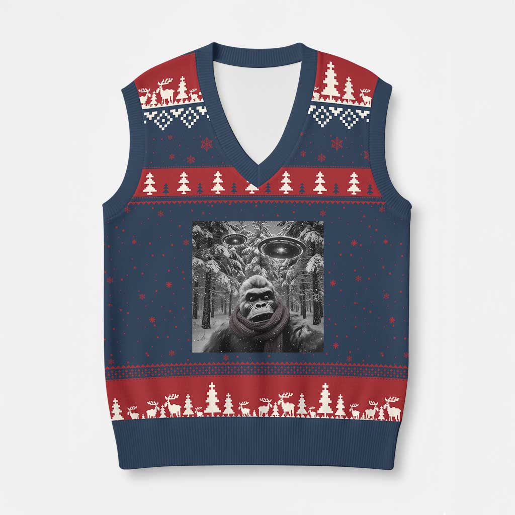 Funny Bigfoot Selfie V-Neck Knit Sweater Vest Sasquatch Alien UFO Xmas TS14 Navy Red Print Your Wear