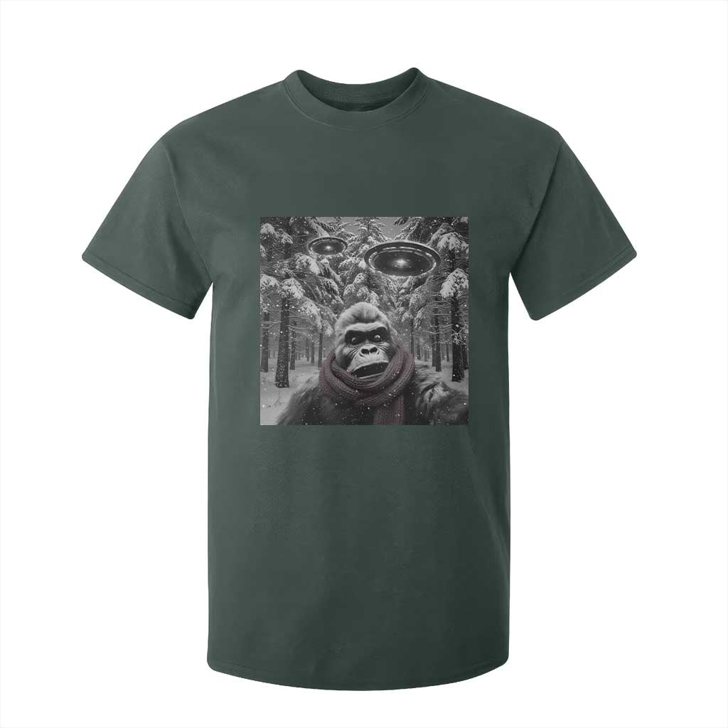 Funny Bigfoot Selfie T Shirt For Kid Sasquatch Alien UFO Christmas TS14 Dark Forest Green Print Your Wear