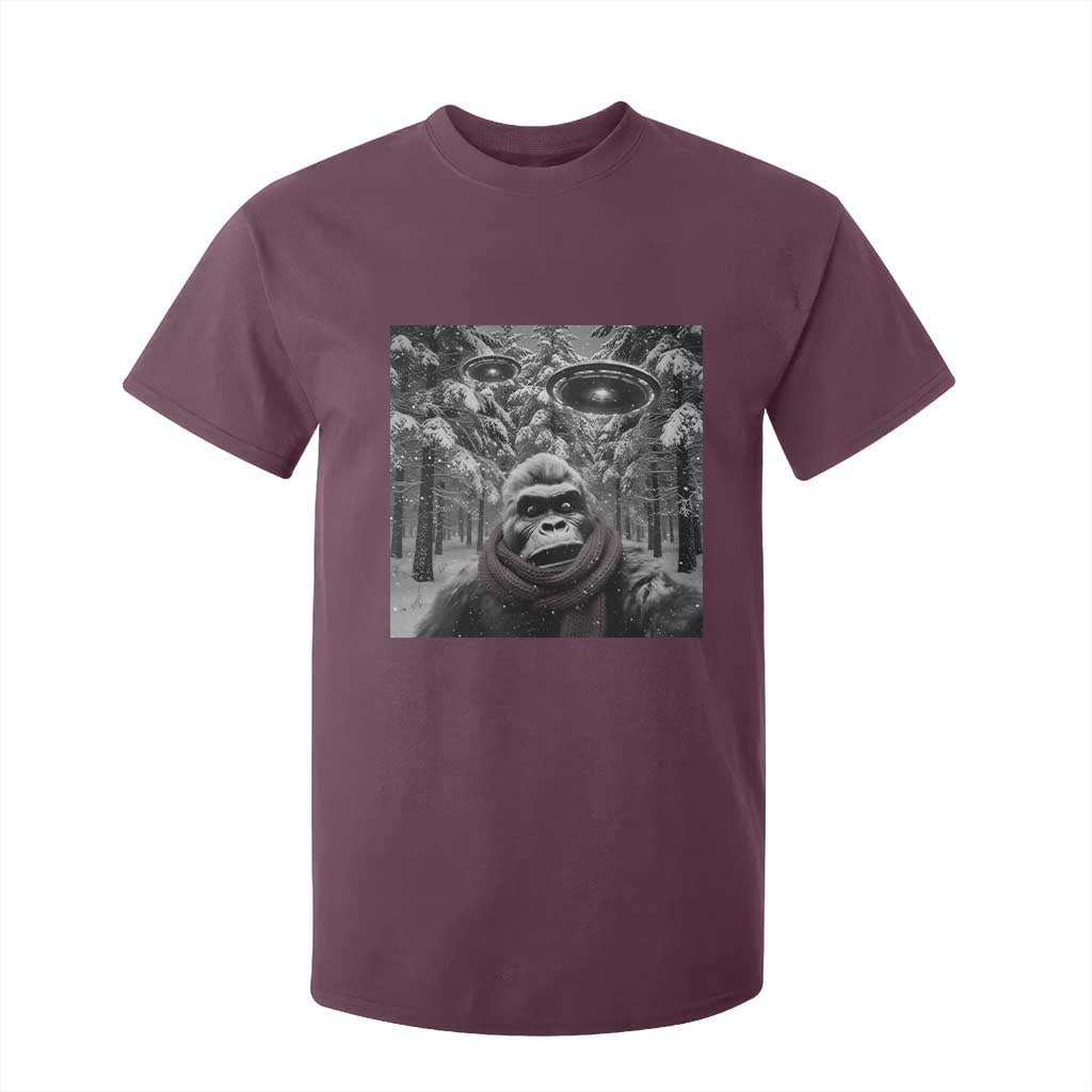 Funny Bigfoot Selfie T Shirt For Kid Sasquatch Alien UFO Christmas TS14 Maroon Print Your Wear