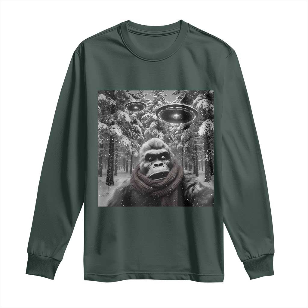 Funny Bigfoot Selfie Long Sleeve Shirt Sasquatch Alien UFO Christmas TS14 Dark Forest Green Print Your Wear