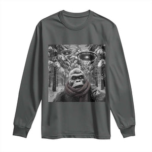 Funny Bigfoot Selfie Long Sleeve Shirt Sasquatch Alien UFO Christmas TS14 Dark Heather Print Your Wear