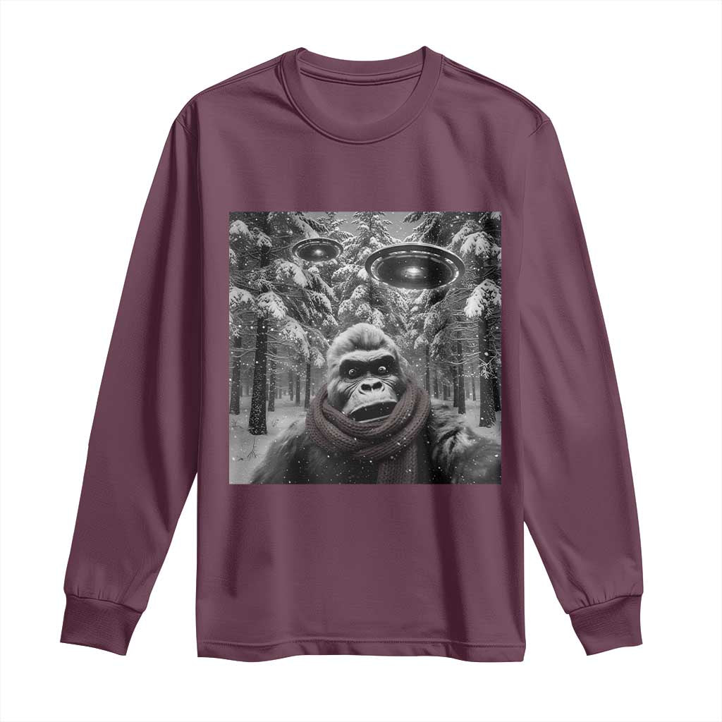 Funny Bigfoot Selfie Long Sleeve Shirt Sasquatch Alien UFO Christmas TS14 Maroon Print Your Wear