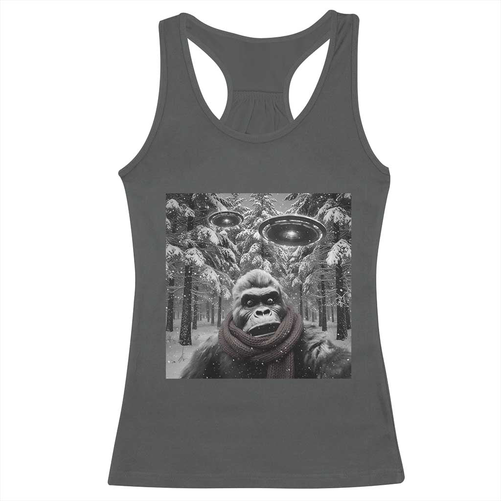 Funny Bigfoot Selfie Racerback Tank Top Sasquatch Alien UFO Christmas TS14 Dark Heather Print Your Wear