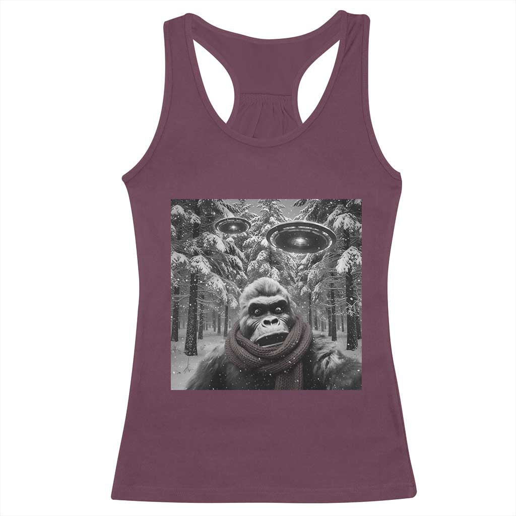 Funny Bigfoot Selfie Racerback Tank Top Sasquatch Alien UFO Christmas TS14 Maroon Print Your Wear