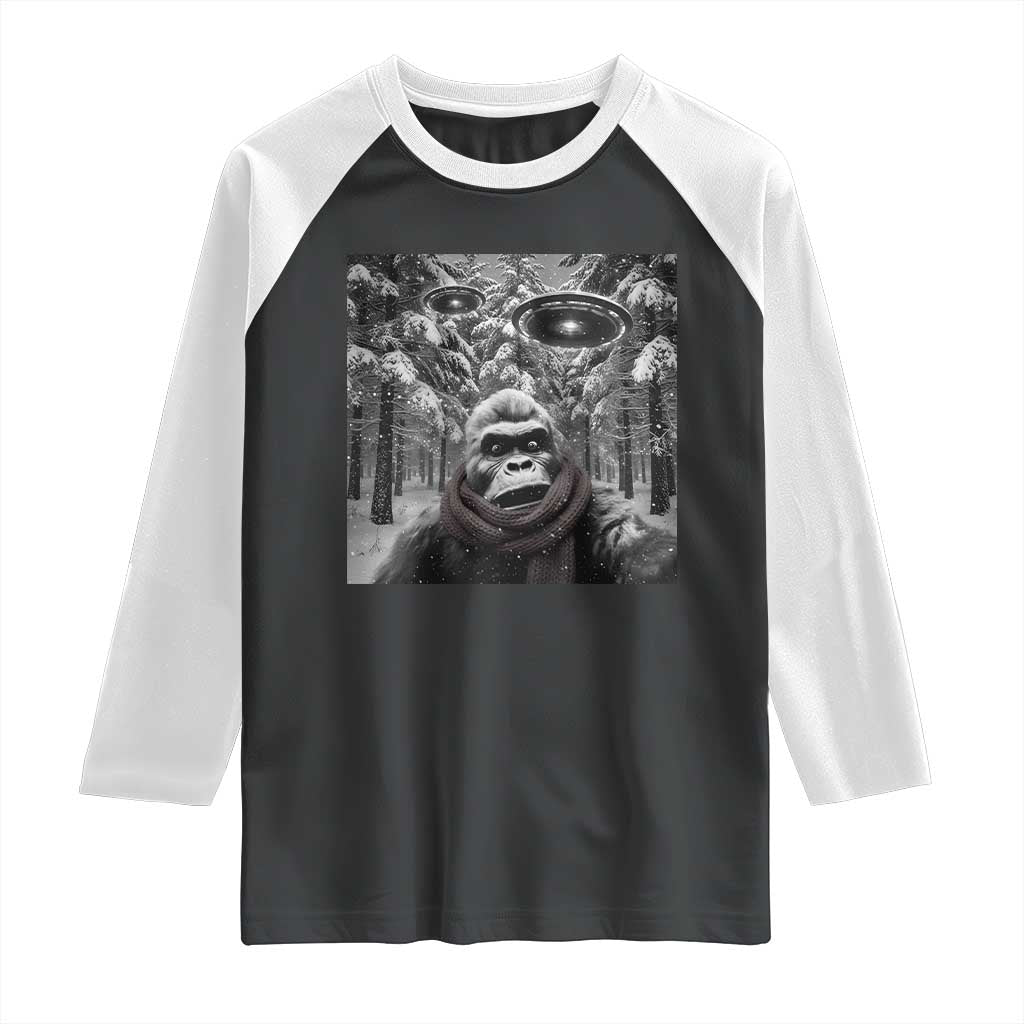 Funny Bigfoot Selfie Raglan Shirt Sasquatch Alien UFO Christmas TS14 Black White Print Your Wear