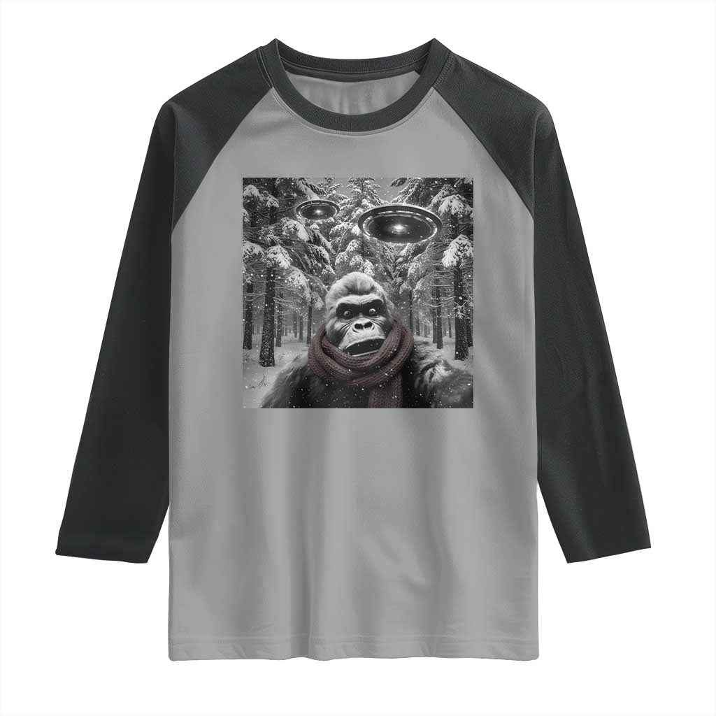 Funny Bigfoot Selfie Raglan Shirt Sasquatch Alien UFO Christmas TS14 Sport Gray Black Print Your Wear