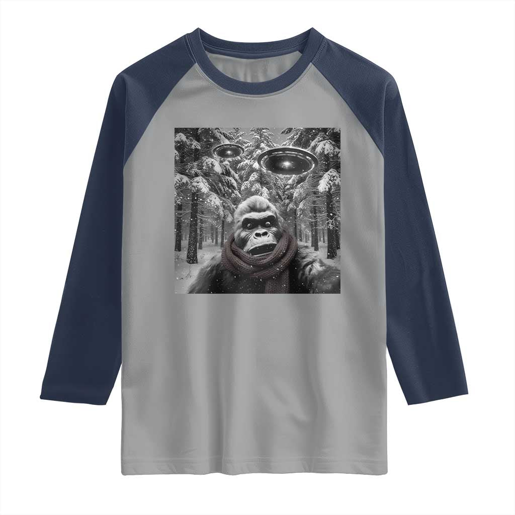 Funny Bigfoot Selfie Raglan Shirt Sasquatch Alien UFO Christmas TS14 Sport Gray Navy Print Your Wear
