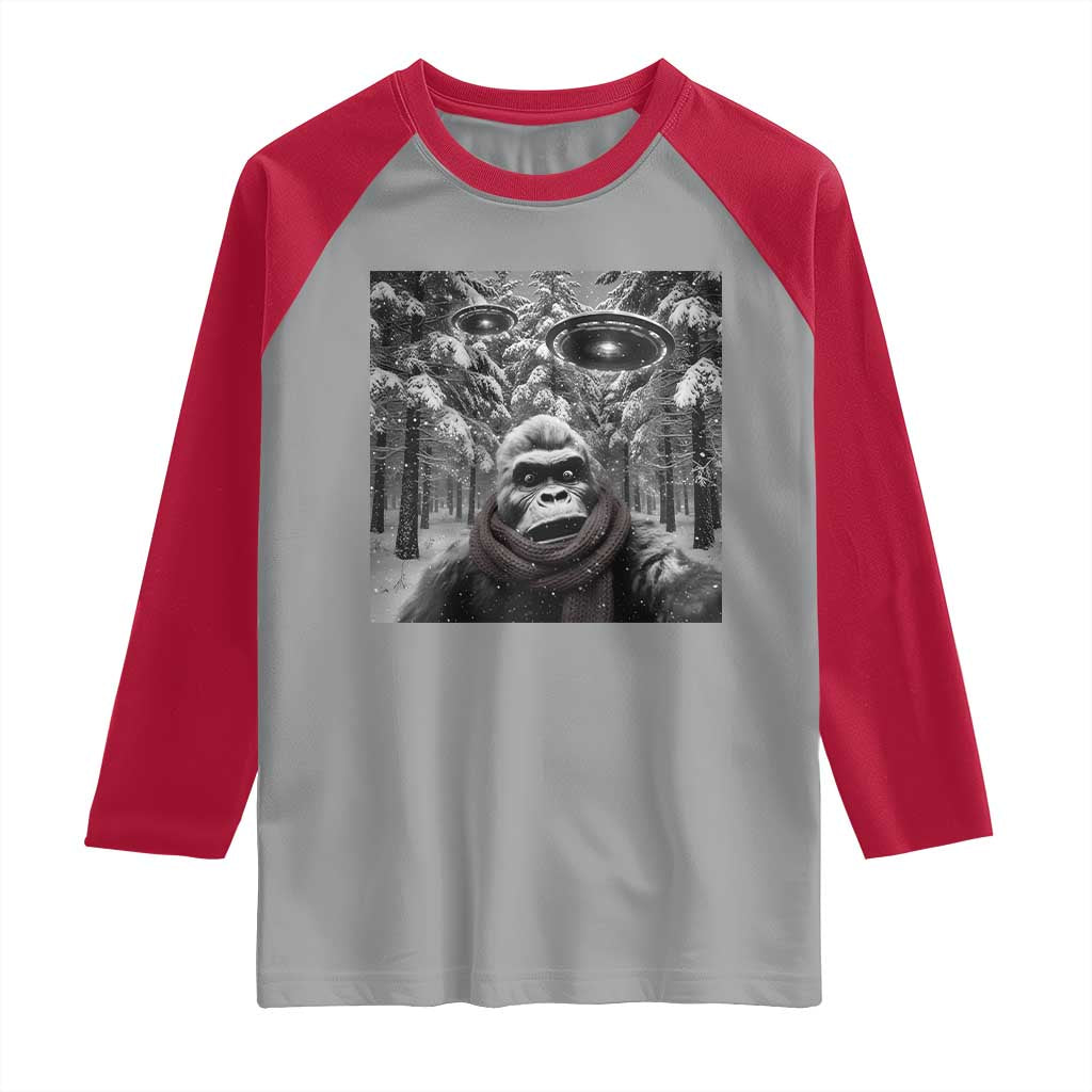 Funny Bigfoot Selfie Raglan Shirt Sasquatch Alien UFO Christmas TS14 Sport Gray Red Print Your Wear