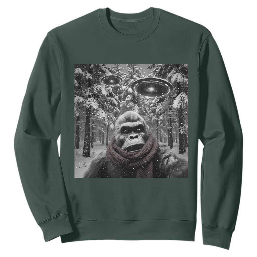 Funny Bigfoot Selfie Sweatshirt Sasquatch Alien UFO Christmas TS14 Dark Forest Green Print Your Wear