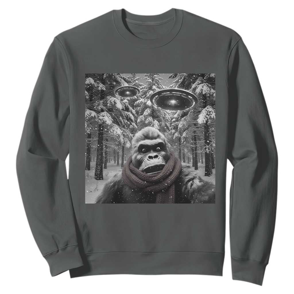 Funny Bigfoot Selfie Sweatshirt Sasquatch Alien UFO Christmas TS14 Dark Heather Print Your Wear