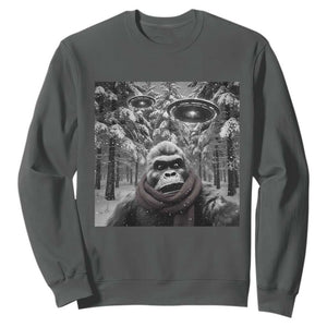 Funny Bigfoot Selfie Sweatshirt Sasquatch Alien UFO Christmas TS14 Dark Heather Print Your Wear